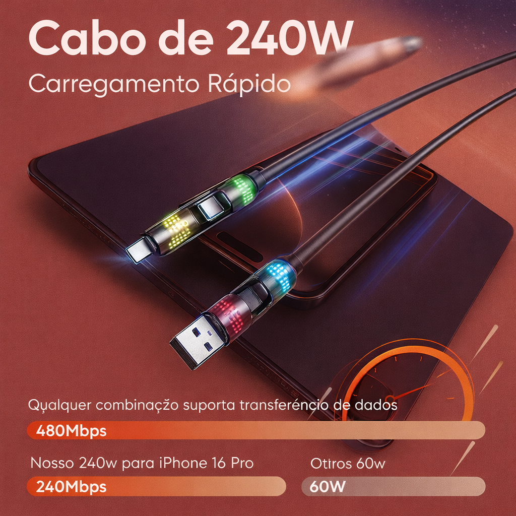 🔌 Cabo de Carregamento Rápido 4-em-1 (240W) ⚡