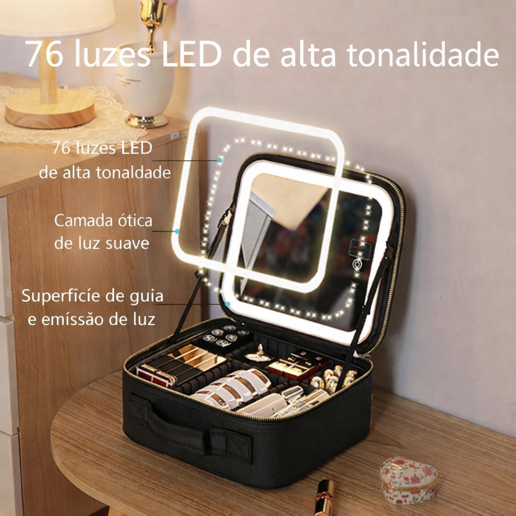 Bolsa de Maquilhagem de Luxo com Espelho LED Recarregável ✨