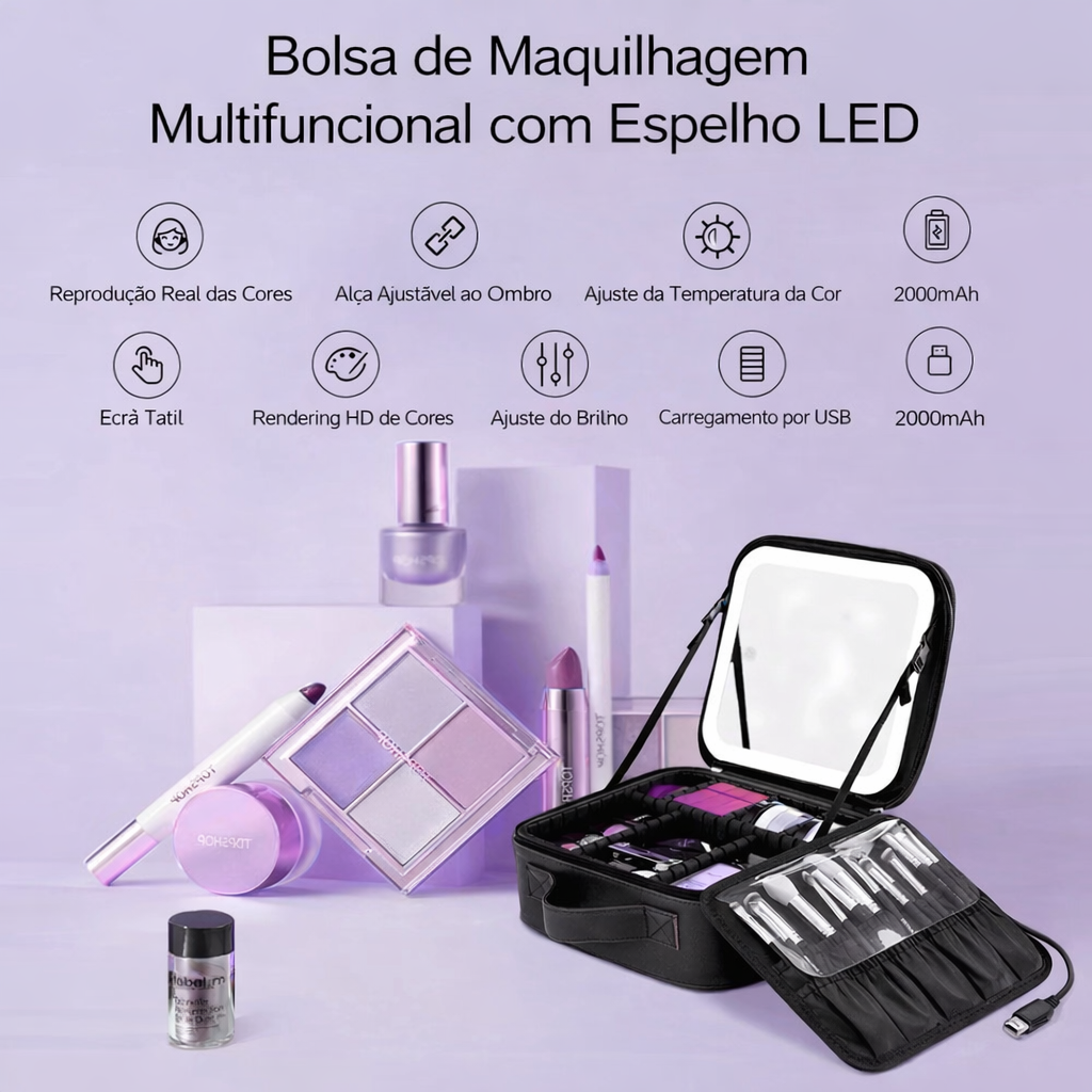 Bolsa de Maquilhagem de Luxo com Espelho LED Recarregável ✨