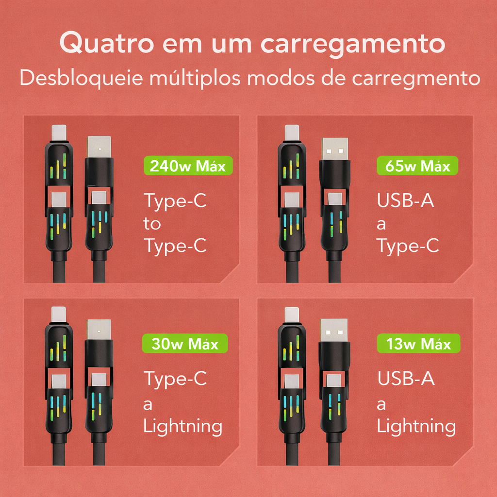 🔌 Cabo de Carregamento Rápido 4-em-1 (240W) ⚡
