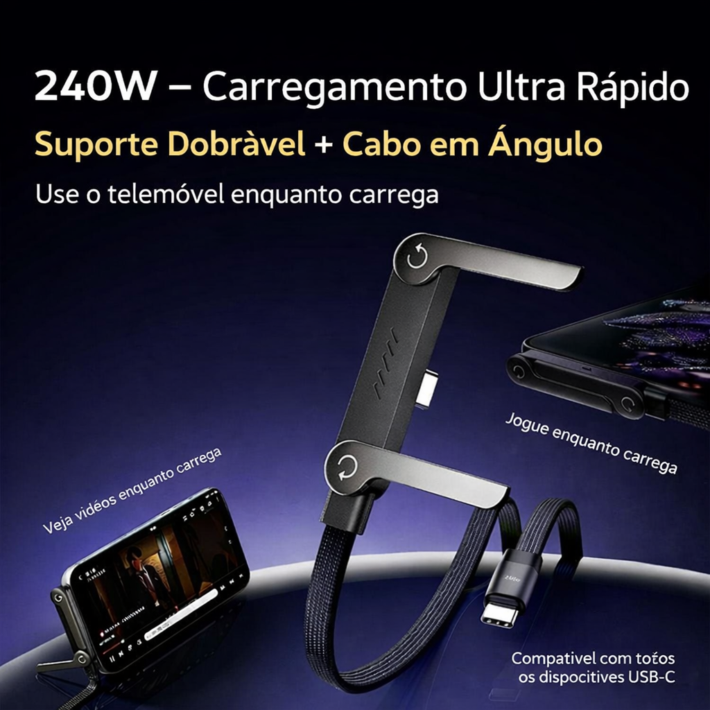 ⚡ Cabo de Carregamento Rápido 2-em-1 (240W) 🔥 Suporte Invisível Integrado para Telemóvel