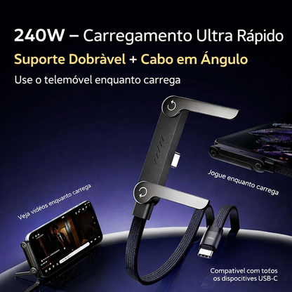 ⚡ Cabo de Carregamento Rápido 2-em-1 (240W) 🔥 Suporte Invisível Integrado para Telemóvel