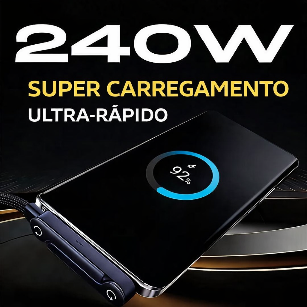 ⚡ Cabo de Carregamento Rápido 2-em-1 (240W) 🔥 Suporte Invisível Integrado para Telemóvel