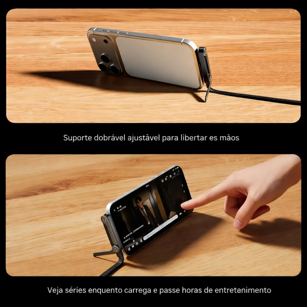 ⚡ Cabo de Carregamento Rápido 2-em-1 (240W) 🔥 Suporte Invisível Integrado para Telemóvel