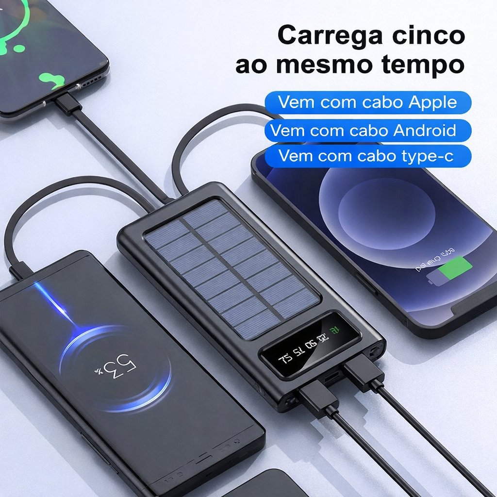 Power Bank Solar 30.000mAh – Carregador Portátil à Prova de Água com 4 Portas USB e Cabos Integrados