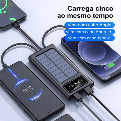 Power Bank Solar 30.000mAh – Carregador Portátil à Prova de Água com 4 Portas USB e Cabos Integrados