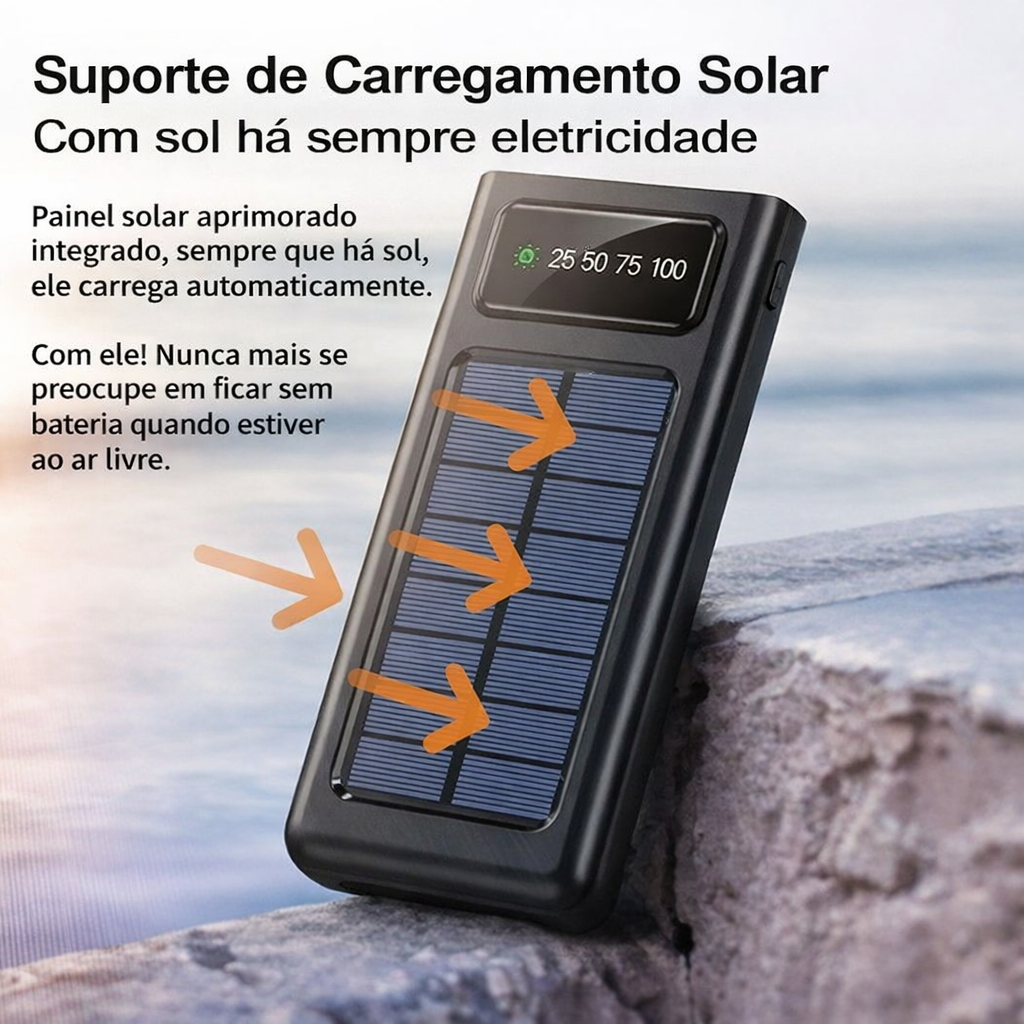 Power Bank Solar 30.000mAh – Carregador Portátil à Prova de Água com 4 Portas USB e Cabos Integrados