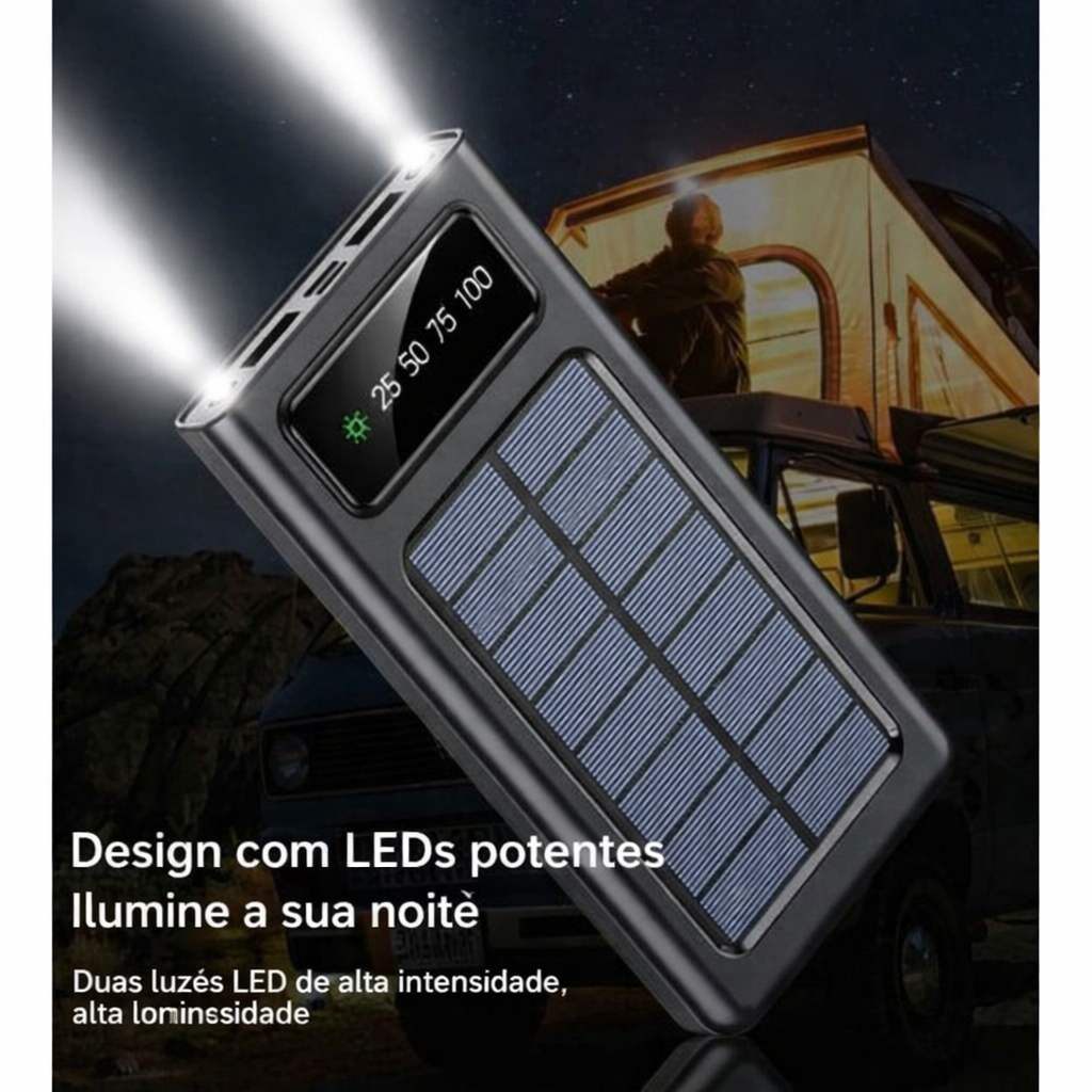 Power Bank Solar 30.000mAh – Carregador Portátil à Prova de Água com 4 Portas USB e Cabos Integrados