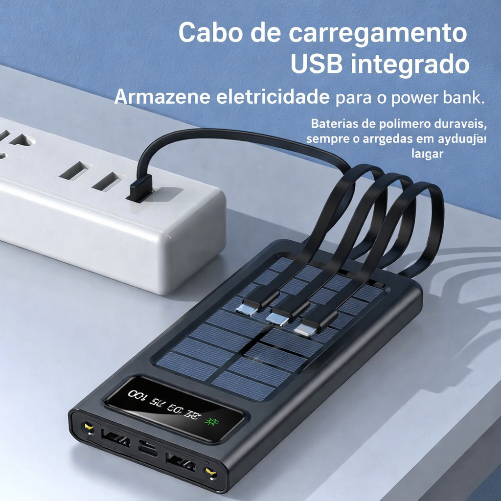 Power Bank Solar 30.000mAh – Carregador Portátil à Prova de Água com 4 Portas USB e Cabos Integrados