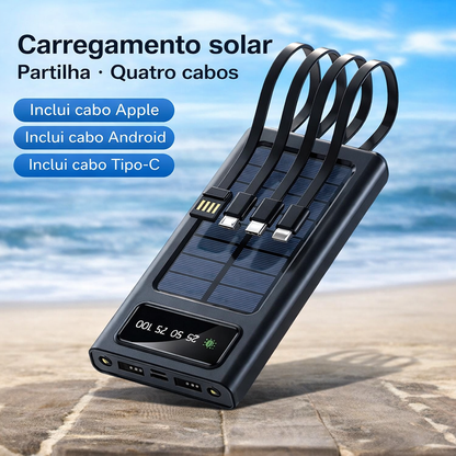 Power Bank Solar 30.000mAh – Carregador Portátil à Prova de Água com 4 Portas USB e Cabos Integrados