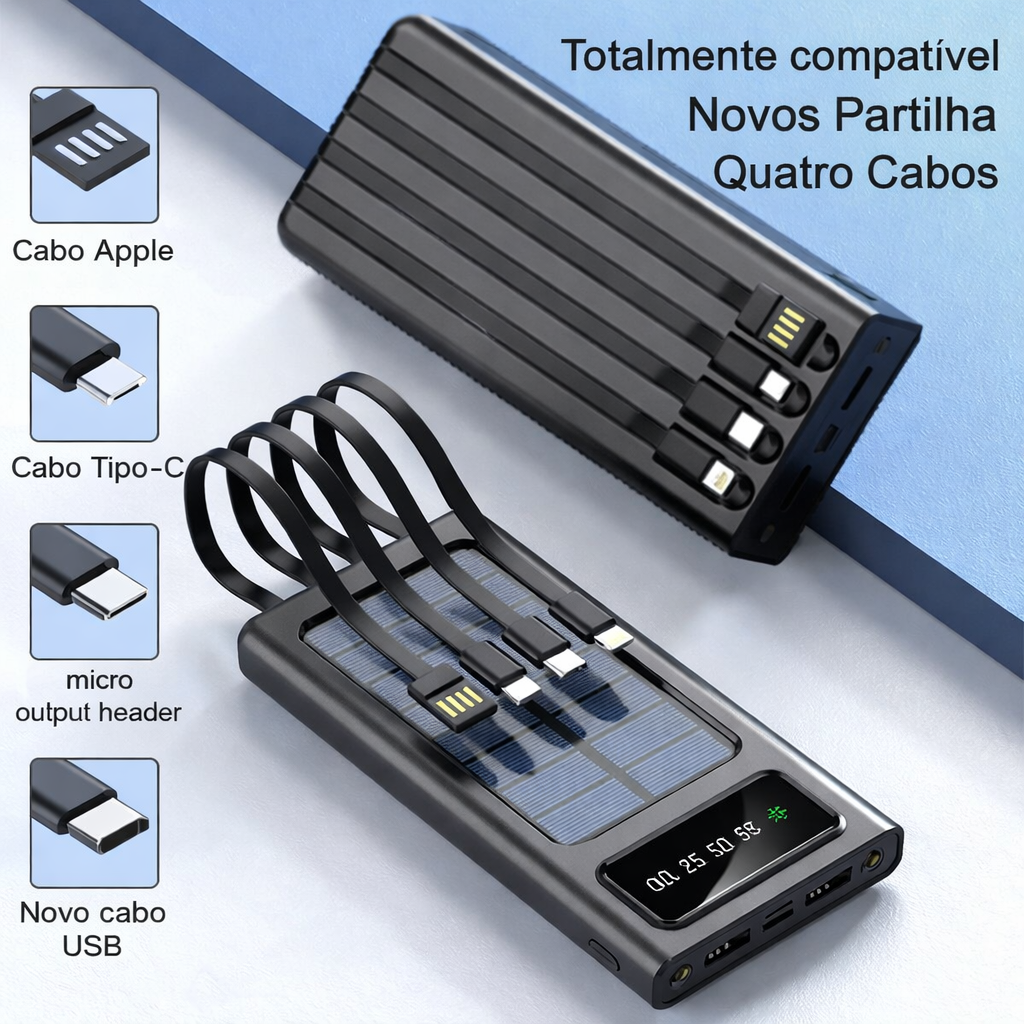 Power Bank Solar 30.000mAh – Carregador Portátil à Prova de Água com 4 Portas USB e Cabos Integrados