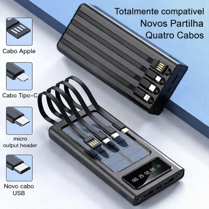 Power Bank Solar 30.000mAh – Carregador Portátil à Prova de Água com 4 Portas USB e Cabos Integrados