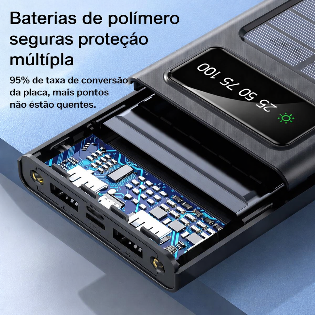 Power Bank Solar 30.000mAh – Carregador Portátil à Prova de Água com 4 Portas USB e Cabos Integrados