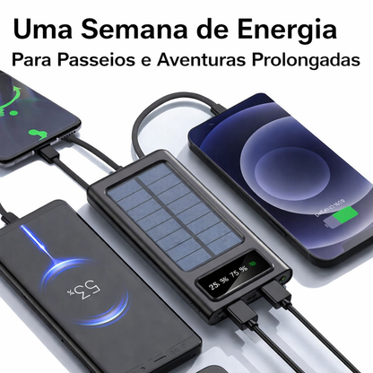Power Bank Solar 30.000mAh – Carregador Portátil à Prova de Água com 4 Portas USB e Cabos Integrados