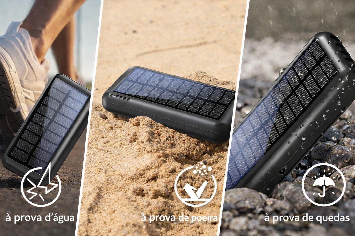 Power Bank Solar 30.000mAh – Carregador Portátil à Prova de Água com 4 Portas USB e Cabos Integrados