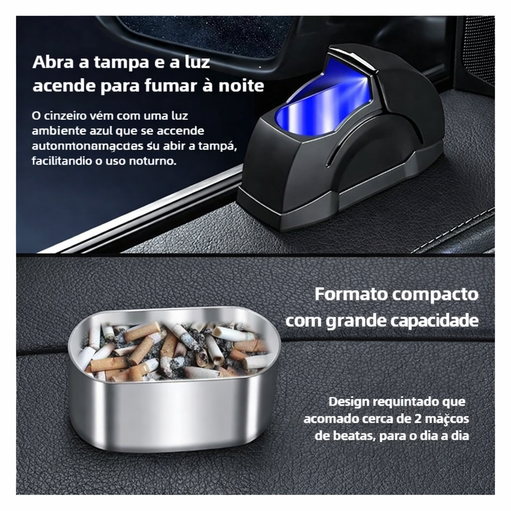 Cinzeiro Automóvel com Tampa Deslizante — Compacto, Anti-Odores e com Iluminação LED