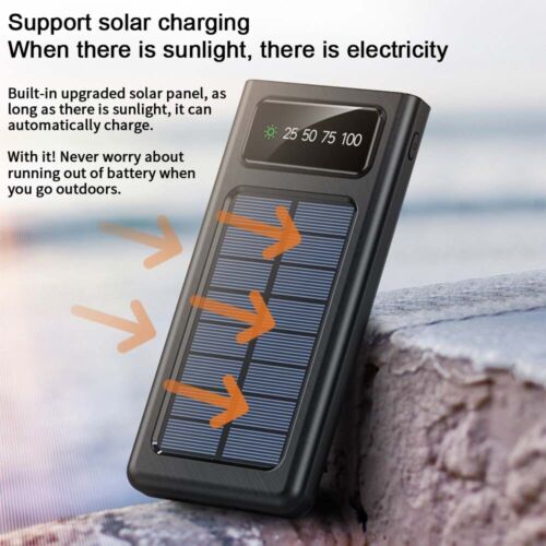 Super 30000mAh Solar Power Bank – Portable Waterproof Charger with 4 USB Ports & Built-In Cables
