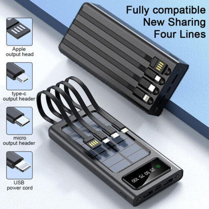 Super 30000mAh Solar Power Bank – Portable Waterproof Charger with 4 USB Ports & Built-In Cables